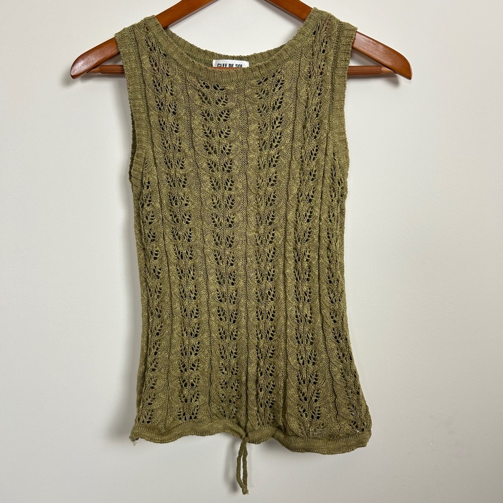 Olive Green Boho Fairycore Pointelle Knit Tank‎ Top Crochet Style Size M